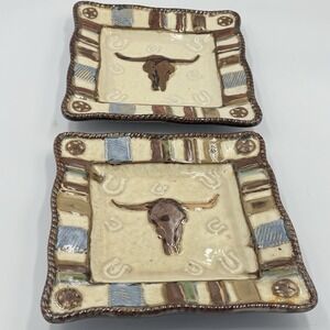 Canyon Ranch  8-inch Square Salad Dessert Plate Set 2 Steer Bull Western Ranch